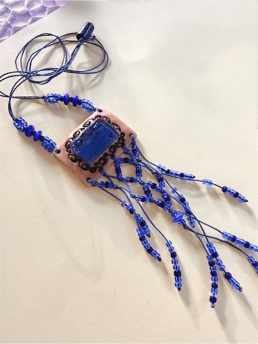 Blue Beaded Pendant Necklace with Fringe